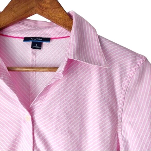 Nautica Pink & White Diagonal Stripe Button-Up Shirt Classic Preppy Top Sz 8 / M - Picture 9 of 13